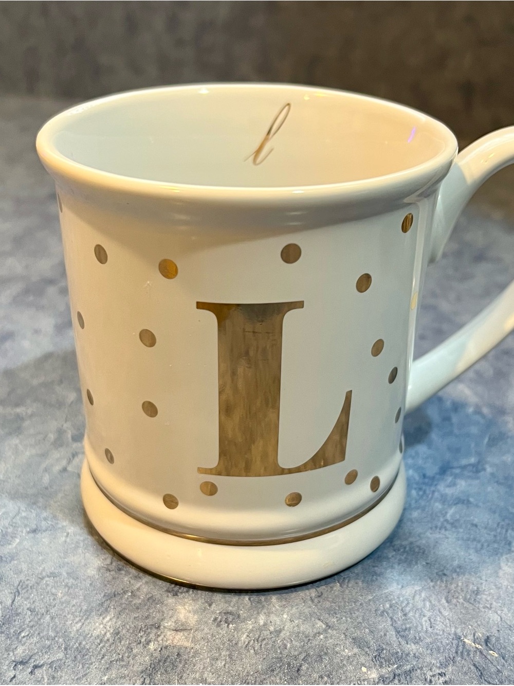 Pier 1 Off White Ceramic Mug with Gold Polka Dots and Monogram L